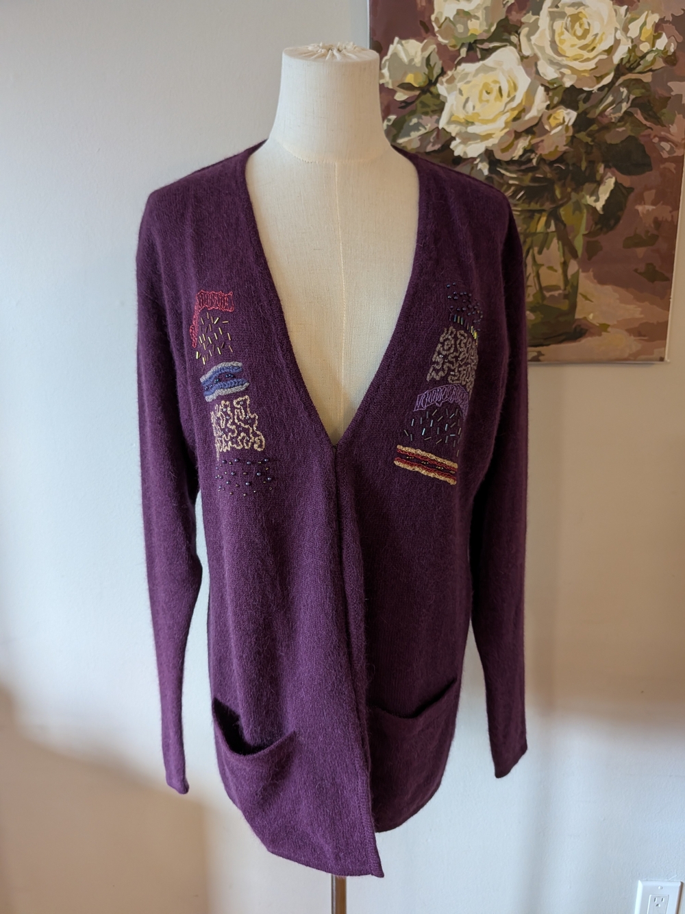 Vintage Purple Wool/Angora Blend Beaded V-Neck Cardigan